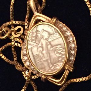 14k Diamond Mother of Pearl Pendant Necklace Enhancer Portrait Landscape MOP Vtg